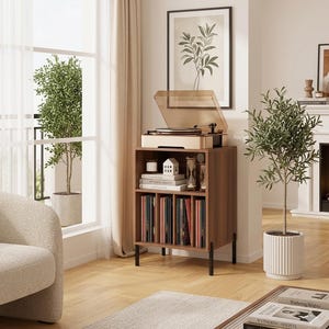 May include: A walnut-toned wooden record player stand featuring a top surface for a turntable, an open middle shelf with books and decorative items, and a bottom section with four vertical dividers for vinyl records, supported by black metal legs.