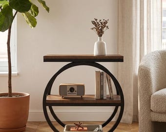 Ronde bijzettafel met opbergruimte, modern industrieel bijzettafeltje, nachtkastje voor kleine ruimte, minimalistische accenttafel voor woonkamer, slaapkamerinrichting