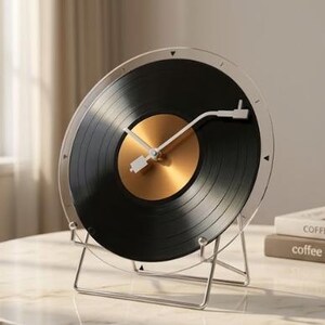 May include: A circular analog clock designed to resemble a vinyl record with a black grooved face and a central gold-toned circular plate. The clock features white hands and a white tonearm-shaped indicator, all encased in a clear frame on a metal stand.