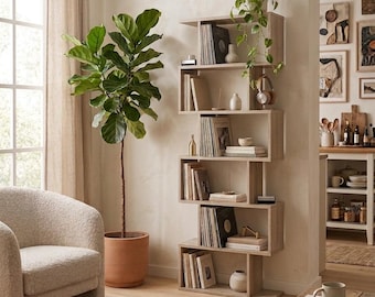 Hohes S-förmiges Bücherregal Modernes Holz Bücherregal Ästhetische Schallplattenablage Boho Wohnzimmer Dekor Minimalistische Möbel