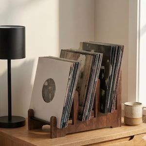 Peut inclure: Un support de rangement pour disques vinyles en bois brun foncé contenant plusieurs disques dans leurs pochettes. Le support présente une conception à plusieurs niveaux avec une barre de soutien en métal noir à l'avant et trois sections.