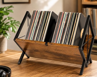 Industrial Wood and Metal Vinyl Record Storage Rack | Mid Century Modern Album Display