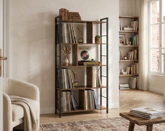 Industrial Bookshelf, Tall Storage Shelving Unit, Modern Wood and Metal Bookcase, Living Room Display Rack, Rustic Home Decor, Vinyl Storage