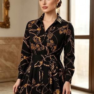 black and gold shirt dress Black & Gold Chain Print Belted Shirt Dress