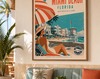 Miami Beach Vintage Travel Poster, Florida Wall Art, Retro Coastal Print, Miami Beach Poster, Beach House Decor, Canvas Print