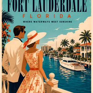 May include: A vintage-style travel poster for Fort Lauderdale, Florida, featuring a couple overlooking a canal with a white yacht, palm trees, and buildings. Text reads: VISIT FORT LAUDERDALE FLORIDA WHERE WATERWAYS MEET SUNSHINE THE VENICE OF AMERICA.