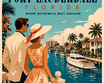 Puede incluir: Un póster de viaje de estilo vintage de Fort Lauderdale, Florida, que muestra a una pareja mirando un canal con un yate blanco, palmeras y edificios. El texto dice: VISIT FORT LAUDERDALE FLORIDA WHERE WATERWAYS MEET SUNSHINE THE VENICE OF AMERICA.