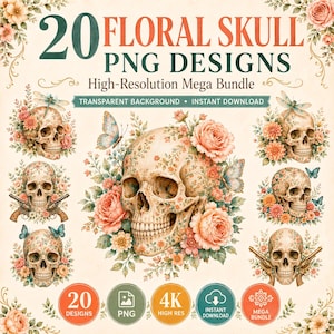 Op de afbeelding: Een digitale collectie van 20 florale schedel PNG-ontwerpen met rozen, wilde bloemen, vlinders en libellen. De tekst luidt 20 FLORAL SKULL PNG DESIGNS High-Resolution Mega Bundle, Transparent Background, Instant Download.