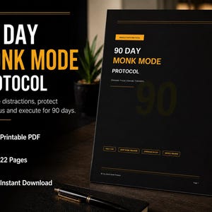 Op de afbeelding: Een 22-pagina tellend printbaar PDF-document genaamd 90 Day Monk Mode Protocol. De zwarte omslag bevat gele tekst met 90 Day Monk Mode Protocol, de ondertitel Eliminate, Focus, Execute, Transform en iconen voor dagelijkse log en tracking.