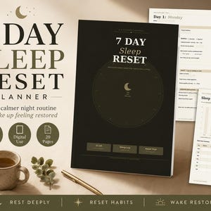 May include: A 7 Day Sleep Reset planner featuring a black cover with a circular clock graphic, moon icon, and text. The set includes printable pages for daily tracking, sleep quality logs, and habit resets, presented with a mug and a gold pen.