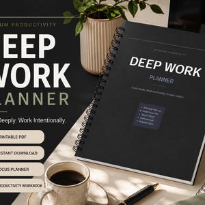 以下が含まれることがあります： 白字で「Deep Work Planner」と書かれた黒色のDeep Work Planner。スパイラル綴じで、毎日のログ、フォーカスプラン、リフレクションページなどのセクションが含まれています。画像にはコーヒーカップ、ペン、ノートパソコンも写っています。