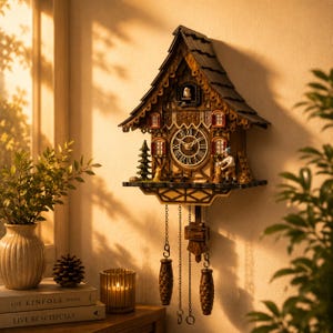 Può includere: Un orologio a cucù in legno a forma di casa con un tetto scuro a scandole, dotato di un quadrante centrale con numeri romani, un piccolo uccellino in una finestra superiore, un albero in miniatura e una figura che taglia la legna, sospeso da tre pesi a forma di pigna.
