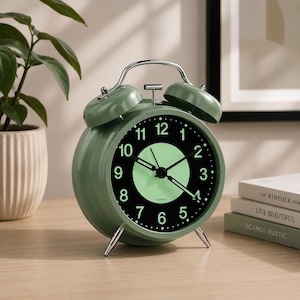 May include: A sage green analog alarm clock with a black face and glowing green hands and numbers. The clock has a silver handle and legs. The clock is on a light wood surface.