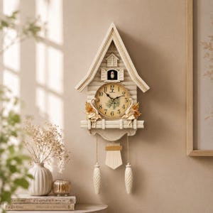 Puede incluir: Un reloj de pared de color crema con forma de casa y techo a dos aguas. La esfera presenta números negros y un motivo floral central. Dos figuras decorativas de cisnes flanquean la esfera. Un pequeño pájaro se asoma por una ventana abierta superior, con dos pesas colgantes en forma de piña.