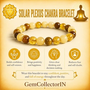 Op de afbeelding: Een kralenarmband met afwisselend ronde gele en bruine stenen. De afbeelding bevat de tekst SOLAR PLEXUS CHAKRA BRACELET, iconen voor zelfvertrouwen, positiviteit, helderheid en bescherming, en de merknaam GemCollectorIN.