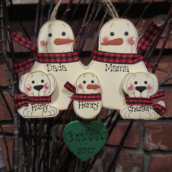 Family of 5: Personalized Snowmen Family Ornament - Our 1st Christmas Together, Red Black North Woods Ornament, Woodland Ornament, Buffalo