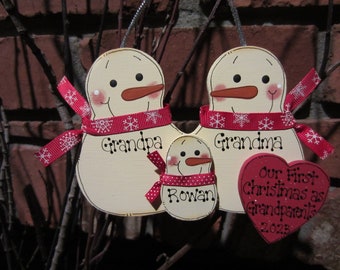 Family of 3: First Christmas as Grandma & Grandpa Personalized Snowman Ornament, Grandparents Gift, Family Ornament, 1st Christmas, check