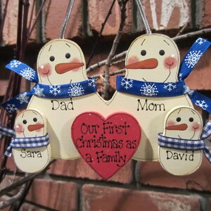 Family of 4: Snowmen Family Ornament, Our First Christmas as a Family, Blended Family Ornament, Grandparent Personalized Grandchild ornament image 2