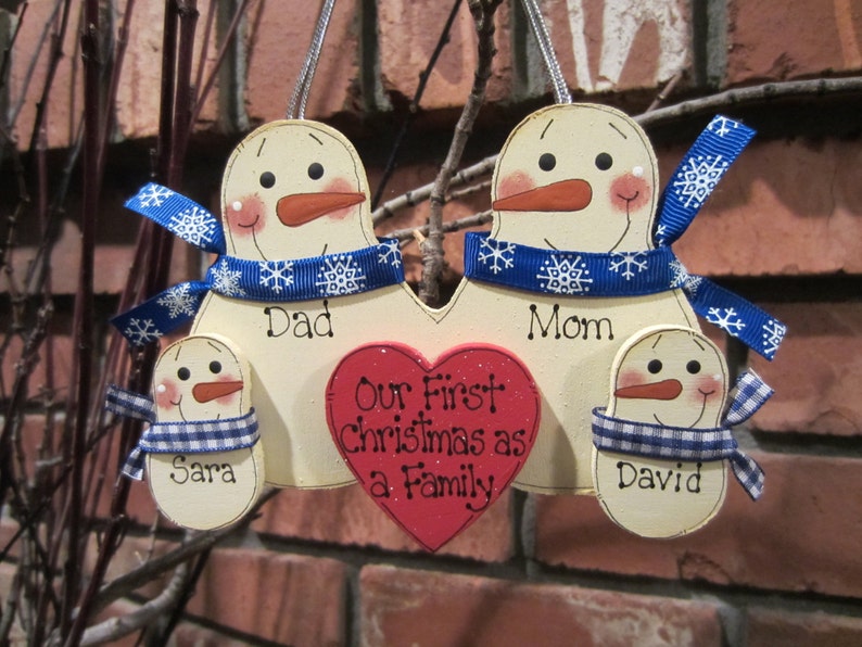 Family of 4: Snowmen Family Ornament, Our First Christmas as a Family, Blended Family Ornament, Grandparent Personalized Grandchild ornament image 2