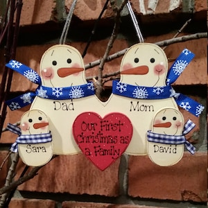 Family of 4: Snowmen Family Ornament, Our First Christmas as a Family, Blended Family Ornament, Grandparent Personalized Grandchild ornament image 1