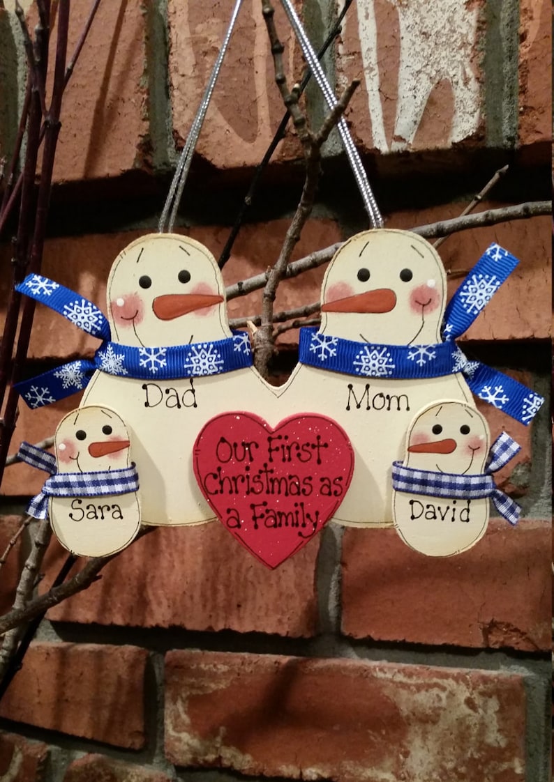 Family of 4: Snowmen Family Ornament, Our First Christmas as a Family, Blended Family Ornament, Grandparent Personalized Grandchild ornament image 1