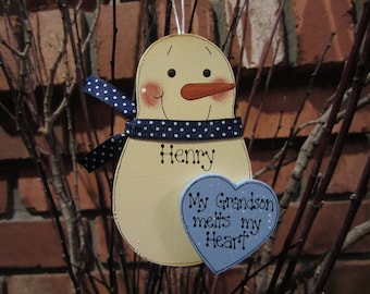 Personalized Snowman Ornament - Grandson Ornament, My Grandson Melts my Heart, Christmas Ornament for Grandson, Personalized Grandson Gift