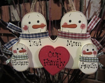 Ornement familial personnalisé, Bonhomme de neige Famille de 4 personnes, Décor d’hiver, Ornement des grands-parents, Noël