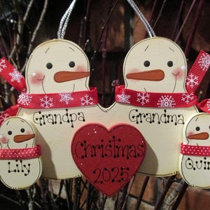 Family of 4: Personalized Grandparent Snowman Family Ornament, Grandparent Personalized Ornament, Red & White Style, Grandma and Grandpa