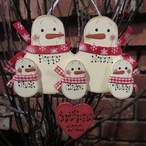 Family of 5: Personalized Snowman Grandparent Family Ornament - Red & White Style - Grandma and Grandpa