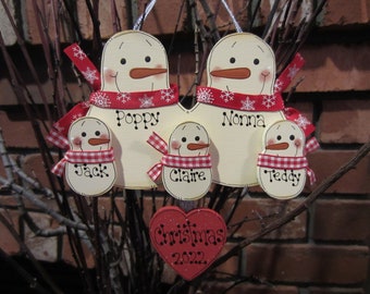 Family of 5: Personalized Snowman Grandparent Family Ornament - Red & White Style - Grandma and Grandpa