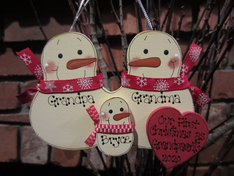 Family of 3: First Christmas as Grandma & Grandpa Personalized Snowman Ornament, Grandparents Gift, Family Ornament, 1st Christmas, check 