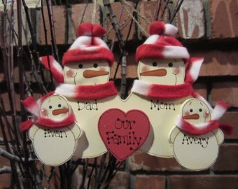 Family of 4: Personalized Family, Snowman Ornament, Wood Painted Snowman Ornament, Personalized Grandparent, Grandparent Ornament, Christmas