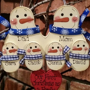 Family of 6: Personalized Wood Snowmen Family Ornament - Our First Christmas as a Family  - personalized wood ornament, snowman family