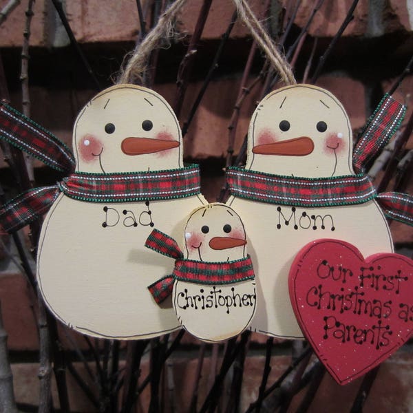 Family of 3: Our First Christmas as Parents, Personalized Snowman Ornament, Personalized Family Ornament, Family of 3 Ornament, parents RWG
