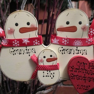 Family of 3: First Christmas as Grandma & Grandpa Personalized Snowman Ornament, Grandparents Gift, Family Ornament, 1st Christmas, check