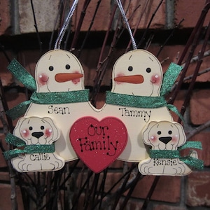 Personalized Snowman & Pet Family Ornament, Personalized ornament with pets, family of 4 ornament, family with pets personalized ornament