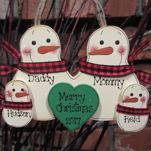 Family of 4: Personalized Snowmen Family Ornament, 1st Christmas Together, North Woods Style, Personalized Woodland Ornament, Red check BUFF