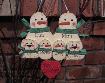 6 Family Members:  Personalized Snowman & Pet Ornament, Personalized Family Ornament, Family Ornament with Pets, Christmas Ornament, Dog Cat