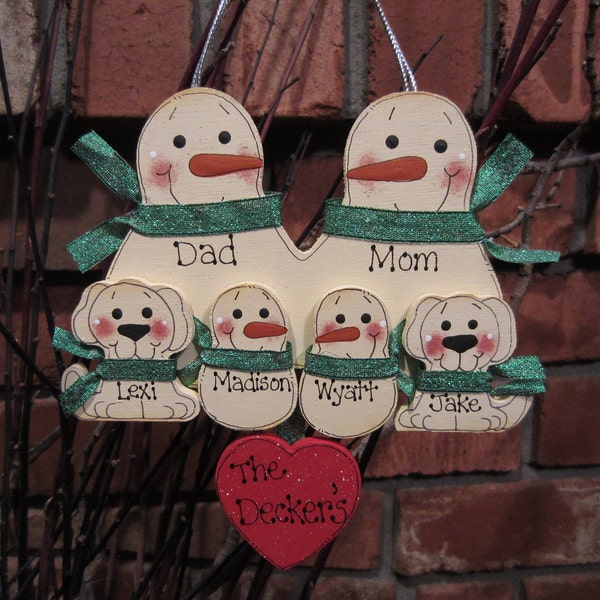 6 Family Members:  Personalized Snowman & Pet Ornament, Personalized Family Ornament, Family Ornament with Pets, Christmas Ornament, Dog Cat