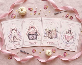 Tarot Place Cards Set of 8, Coquette Halloween Place Cards, Editable Canva Template, Pink Witch Party Decor, Girls Night Bachelorette