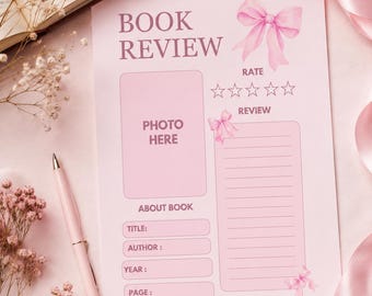 Utskrivbar bokrecensionsdagbok | Pink Coquette Row läslogg PDF | Bokrecensionsmall direkt nedladdning