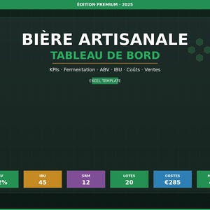 Puede incluir: Una plantilla de panel digital verde oscuro para la producción de cerveza artesanal titulada BIÈRE ARTISANALE TABLEAU DE BORD. Incluye secciones para KPIs, fermentación, ABV, IBU, costes y ventas, con cuadros de datos que muestran ABV 6.2%, IBU 45, SRM 12, LOTES 20, COSTES €285 y MARGEN 42%.