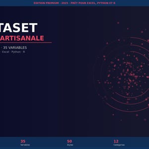 May include: A dark blue digital graphic titled DATASET BIÈRE ARTISANALE, EDITION PREMIUM 2025. It features 1,000 lines, 35 variables, and text for Excel, Python, and R. The right side displays a circular pattern of small pink dots on a dark background.