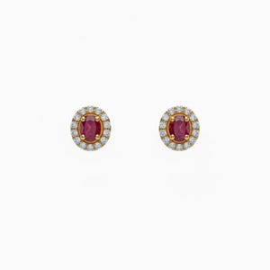 Natural Ruby Earrings with White Topaz Halo, Gold-Plated Sterling Silver Studs