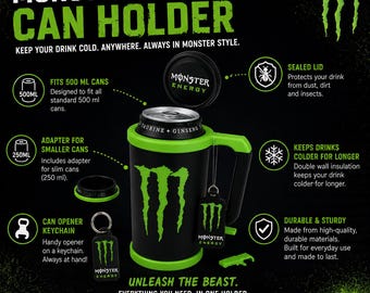 Soporte para lata de Monster Energy de 500 ml | Con tapa y llavero abrelatas | Soporte para bebidas energéticas | Regalo para fans de Monster