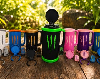 Energy Drink Inspired Can Cooler Mug with Lid & Can Opener | 500ml Energy Drink Holder | Insulated Tumbler | Festival Gift | Custom Cup