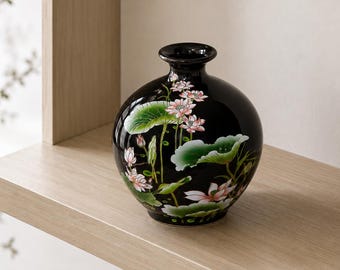 Black Ceramic Lotus Vase | Hand Painted Floral Home Decor | Modern Table Centerpiece Gift Idea
