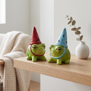 Peut inclure: Deux figurines de grenouilles en céramique à la peau verte tachetée et aux expressions boudeuses. Une grenouille porte un chapeau pointu rouge à motifs de fleurs sombres, l'autre un chapeau bleu clair à motifs de lunes et de fleurs.