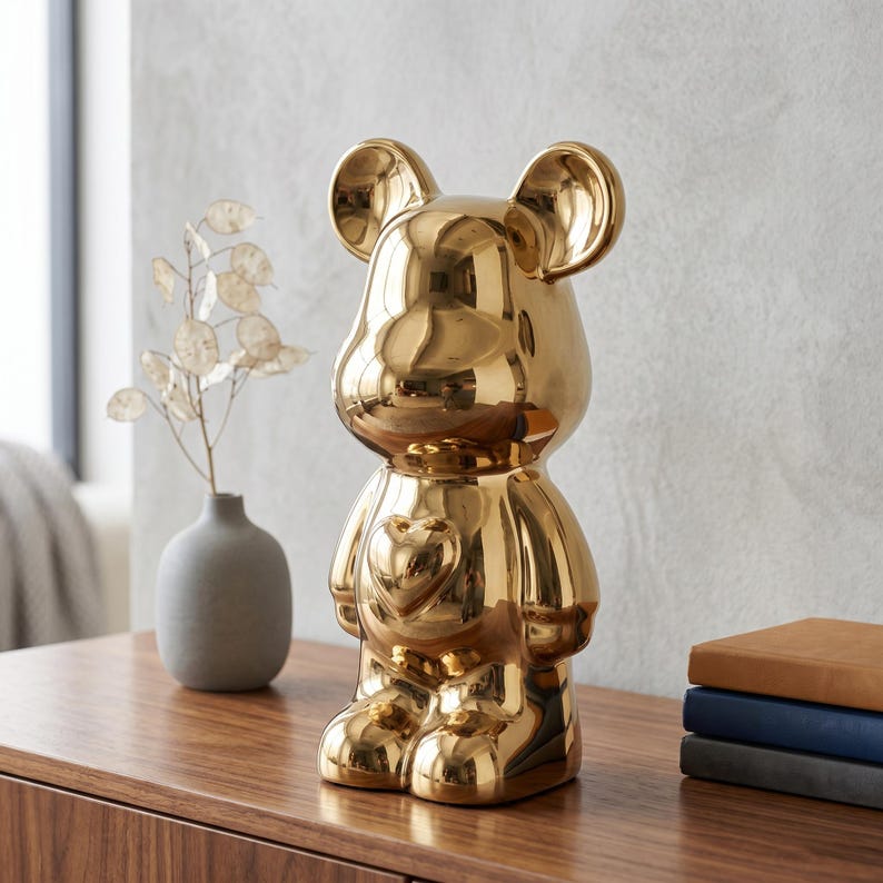 May include: A shiny gold-colored bear-shaped figurine with a smooth, reflective surface and a prominent heart-shaped detail on its chest. The bear has rounded ears, a rounded head, and a standing posture, crafted with a polished metallic finish.