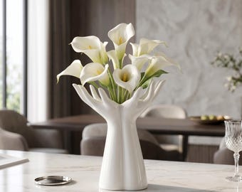 Hand Vase Ceramic Flower Arrangement | Sculptural Palm Design Home Decor Centerpiece | Modern Artisan Gift for Her Mom